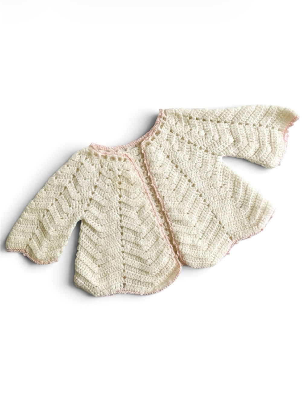 VINTAGE 60s 70s Handmade Sweater Cardigan Matinee Jacket Lace Angel Top Pink